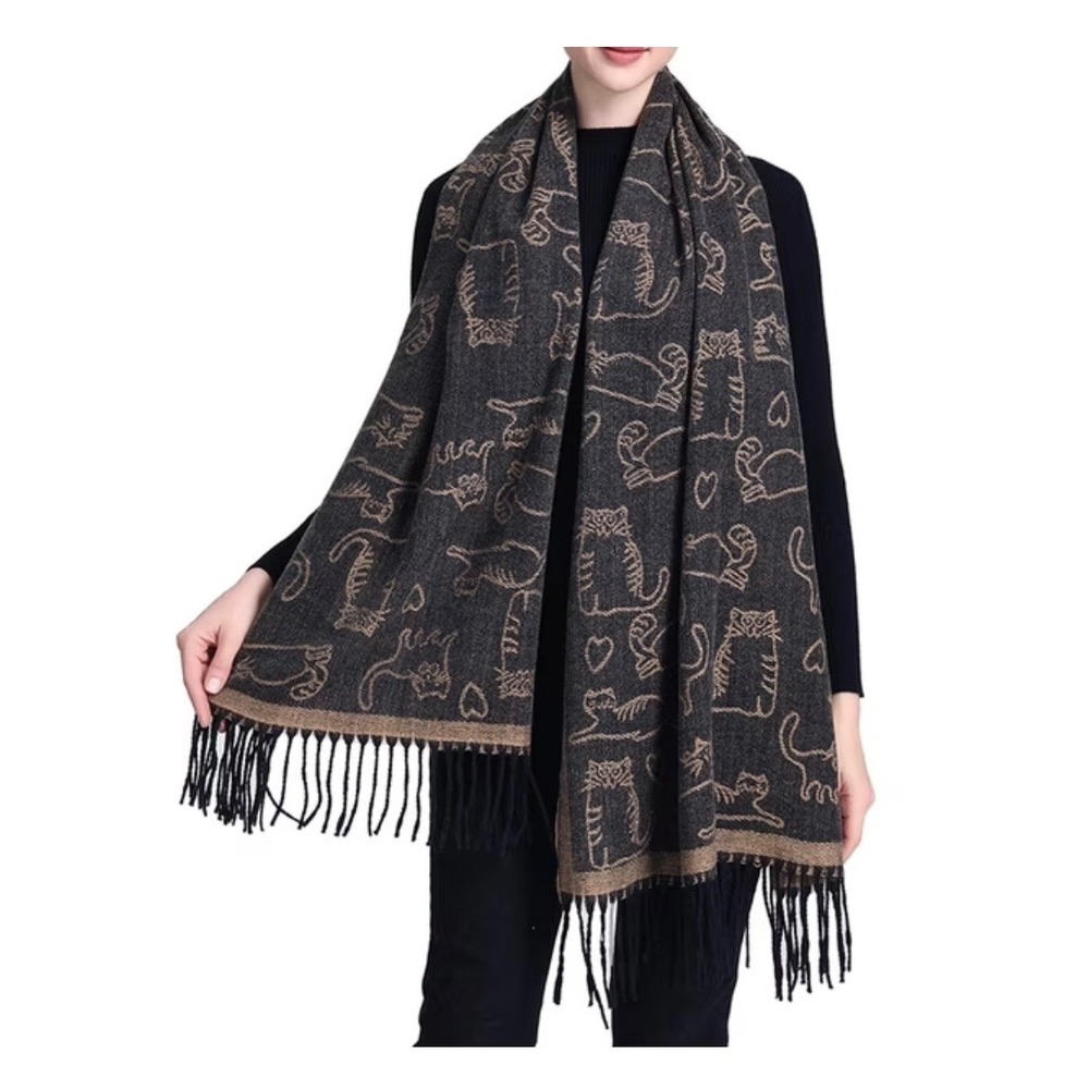Cashmere Feel Reversible Cat Heart Scarf Fringed Pashmina Soft Acrylic Tan Gray